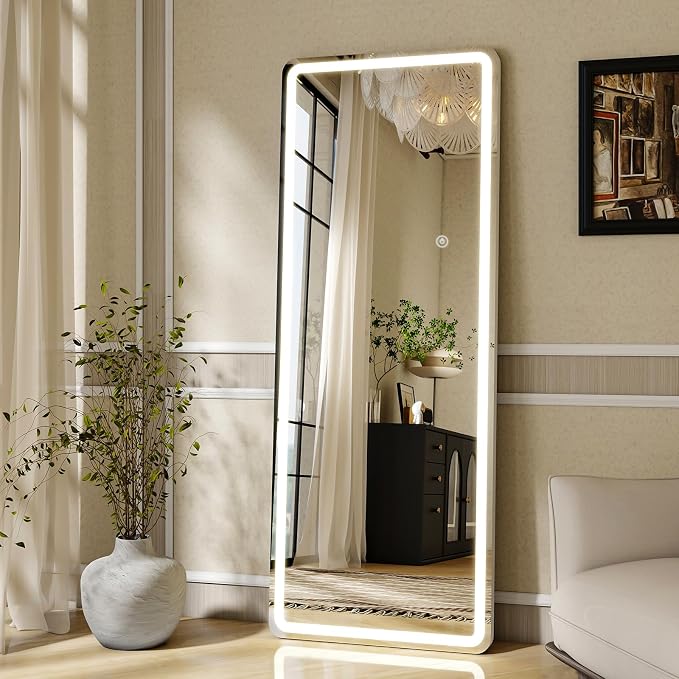 LED Floor Mirrors with Dimming &3 Color Lighting 20 x 63 Inch | LED Mirrors Full Length with Stand for Bedroom Dressing Room Checkroom Make-up Even Light OOTD Party Wedding Rect