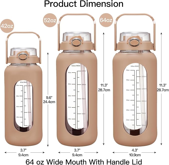 chunmo 52oz Glass Water Bolttles with Straw Half Gallon Large Motivational Water Bottle with Time Marker Sports Water Bottles with Silicone Sleeve and Handle Lid Water Jug for Gym Workout