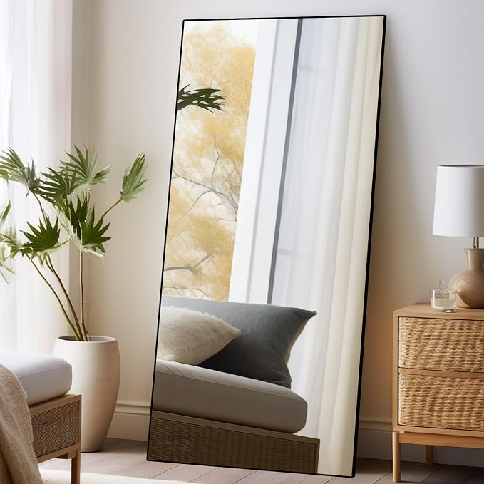 Beauty4U 71" x 32" Full Length Mirror with Stand, Black Large Floor Mirror | Standing, Leaning, or Wall-Mounted Tempered Glass Full Body Mirror with Metal Frame for Bedroom, Closet, Modern Home Decor