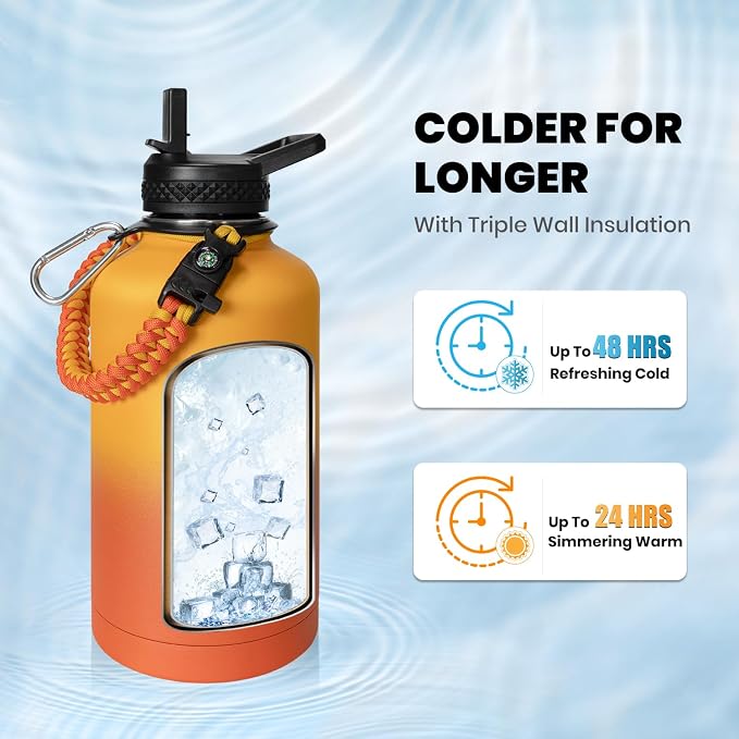 One Gallon Water Bottle Insulated, Triple Walled Vacuum Stainless Steel | (Cold for 48 Hrs), Leak Proof & Non-BPA, Large Water Flask Jug with Paracord Handle & Straw Spout Lids