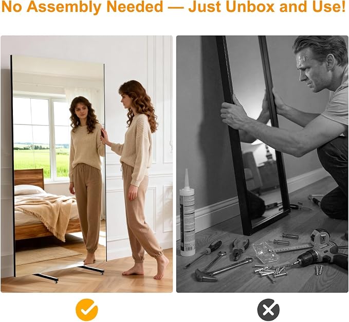 Rolling Full-Length Standing Mirror with Wheels, 75" x 43"Oversized Shatterproof Nano Material, No Assembly Required, Easy Move for Home Gym, Dance & Yoga Studio, White