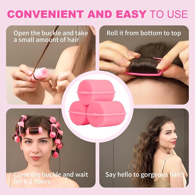 24-Pack Soft Foam Hair Rollers for Overnight Styling - Flexible Sponge Curlers for Frizz-Free, Damage-Free Curls (Pink, 1.57 Inch)