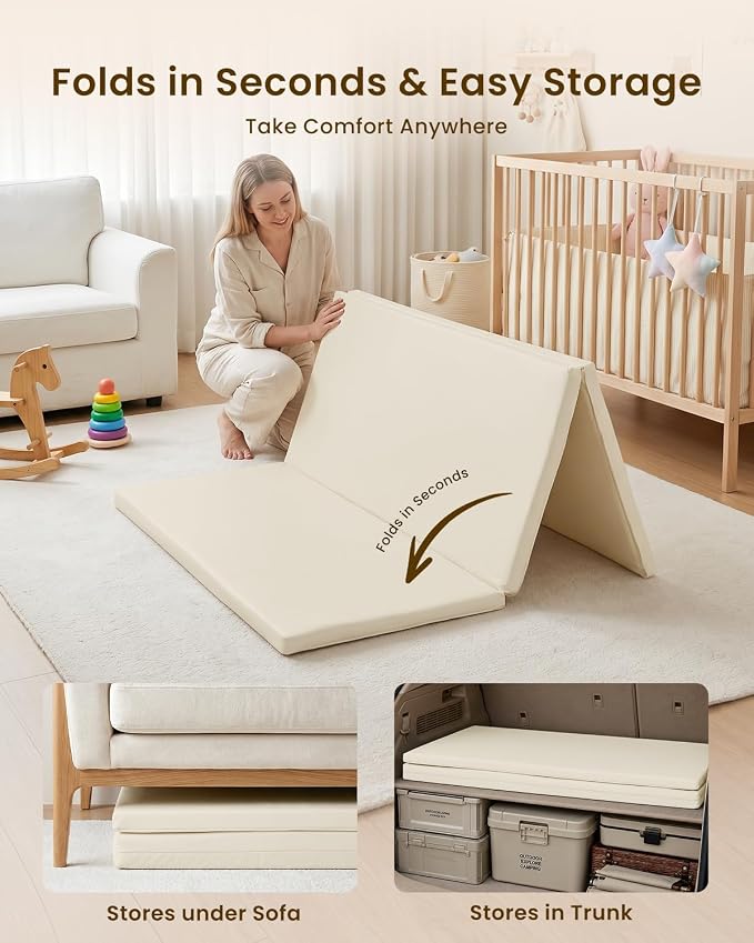 SEPARO Foldable Baby Play Mat,Vegan Leather 47x47 Baby Mat for Floor,Beige | Trifold Waterproof Playmat for Babies,Soft Foam Tumbling Mat,Wipe-Clean&Non-Slip Outdoor Mats,Playmate for Baby Tummy Time