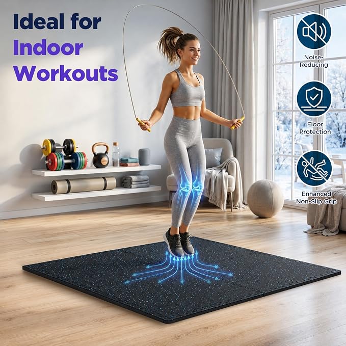 24 Sq Ft Rubber Top Gym Flooring for Home Gym, Black/Blue | 6 Tiles, High Density EVA Foam, Waterproof & Non-Slip Rubber, 0.4" Interlocking Puzzle Mats, Floor Protection, 24"x24"