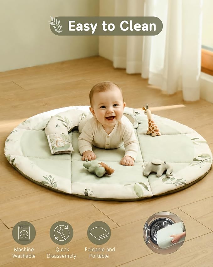 Baby Play Gym & Mat, Tummy Time Mat for Babies 0-12 Months, Green | Machine-Washable Foldable Activity Mat with 5 Detachable Toys; Certified Safe Newborn Essentials Gift for Baby Registry