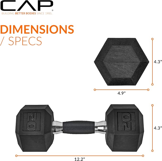 CAP Rubber Coated Dumbbell Weights, Free Weights for Home Gym Strength Training, Anti-Roll Hex Dumbbells with Black, Chrome & Comfort Grip Handles, Pairs & Sets