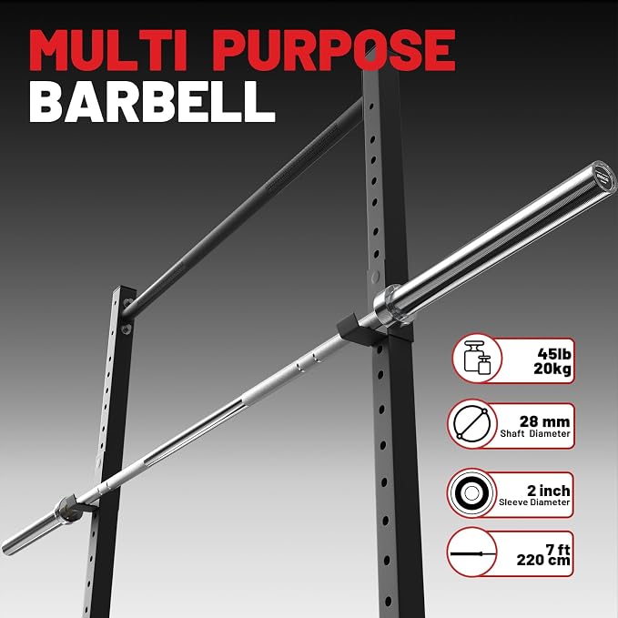 PAPABABE 7ft Barbell 45lb Olympic Barbell 1000/1500lbs Capacity Home Gym | 7ft 45lb 2" Olympic Barbell, 1000/1500lbs Capacity, Hybrid Needle Bearings & Bushings for Squat Curl Deadlift