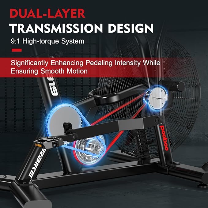 pooboo Air-Resistance Exercise Fan Bike, Air Bike with Dual Acction Handlebars&Dual-Layer Transmission System, Stationary Bike with APP Connection for Home Gym HIIT Cardio Full Body Workout