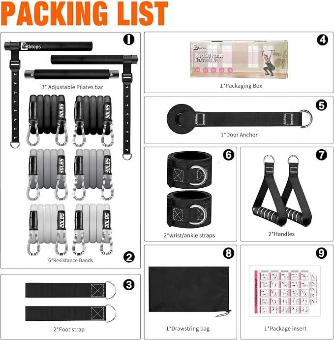 Bbtops Pilates Bar Kit with Resistance Bands,Pilates Bar with Stackable Bands Workout Equipment for Legs,Hip,Waist and Arm,Exercise Fitness Equipment for Women & Men Home Gym Yoga Pilates