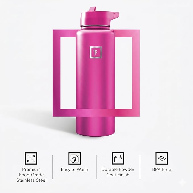 IRON °FLASK 40 oz Wide Mouth Water Bottle with Straw | Insulated Stainless Steel Sports Water Bottle with Leakproof Straw Lid - BPA Free, Cold 24 Hrs, Sweat Free (Pink Tulip)