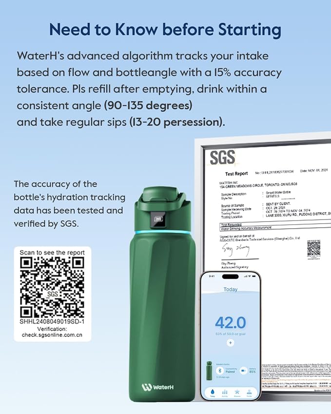 WaterH BOOST Smart Water Bottle Tracker with Reminder to Drink Water, 32oz | Double Wall Vacuum Insulated Stainless Steel, BPA-Free, Leakproof, Smart App Tracking, Travel-Friendly Wide Mouth for Office