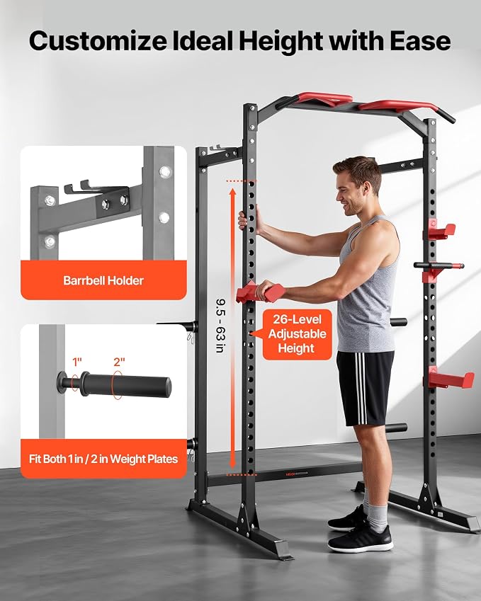 VEVOR Power Cage Power Rack, Multifunctional Barbell Squat Rack with Adjustable Height, Home Gym Strength Training Workout Equipment with J-Hooks & More Fitness Attachment for Bench Press Pull-Up Dips