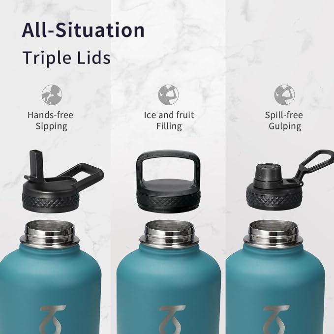 Trebo 64 oz Water Bottle Stainless Steel with 3 Lids, Paracord Handle & Bag | Half Gallon Large Insulated Jug, Triple Wall Vacuum Copper Plated, Dishwasher Safe, Cold 48Hrs for Outdoor, Hiking, Gym