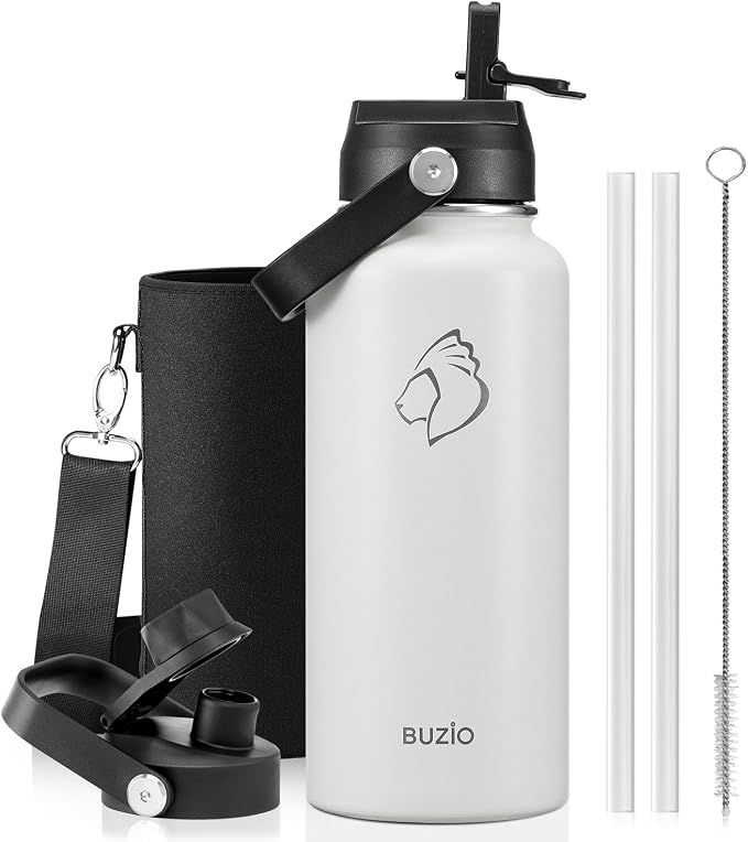 BUZIO Insulated Stainless Steel Water Bottle 32 oz with Straw & Spout Lids | Triple Wall Insulated Tumbler (Dishwasher Safe) ,Cold for 48 Hrs/Hot for 24 Hrs, Leakproof, BPA-free, for Sports, Gym, School