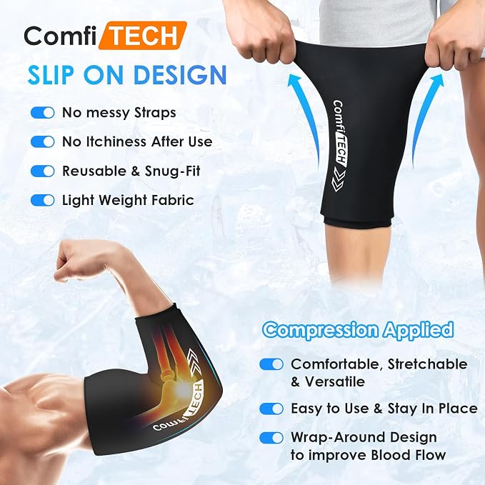 ComfiTECH Reusable Knee Ice Pack Wrap, Flexible Cold Gel Sleeve, M, 2 Pack | Ice Gel Sleeve for Knee, Calf and Hamstring, Cold Compression for Soothing Meniscus Tear, Muscle Discomfort & Sports Recovery