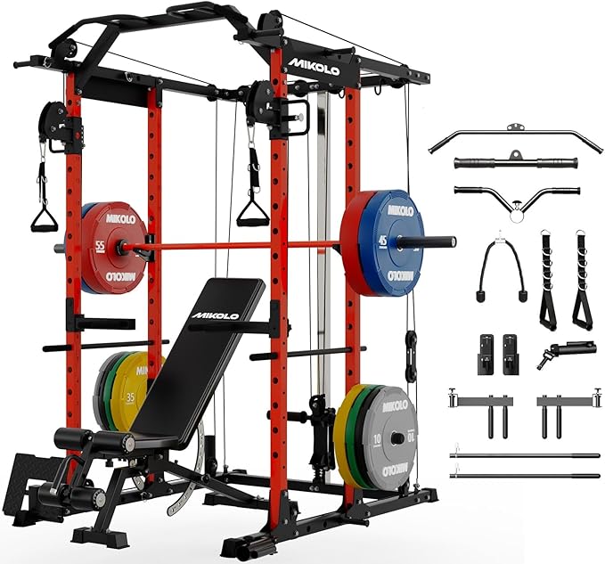 Mikolo Power Cage, Power Rack with Cable Crossover System, 1500LBS Squat Rack with LAT Pull Down System, Workout Cage with Pulley System for Fitness Home Gym