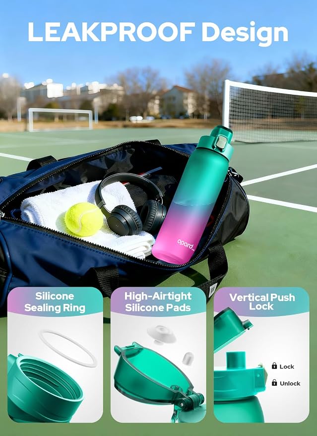 Opard Zip 32oz Plastic Water Bottle Dishwasher Safe, Leakproof Flip-Top Lid, BPA Free Tritan, Wide Mouth Reusable Sports Water Bottle for Gym Hiking Commuting Outdoor Travel and School