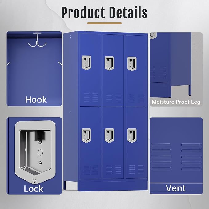 BUTISOW 72" 6 Door Employee Lockers | 16-Gauge Steel, Lockable. For gyms, schools, employee lockers, garages