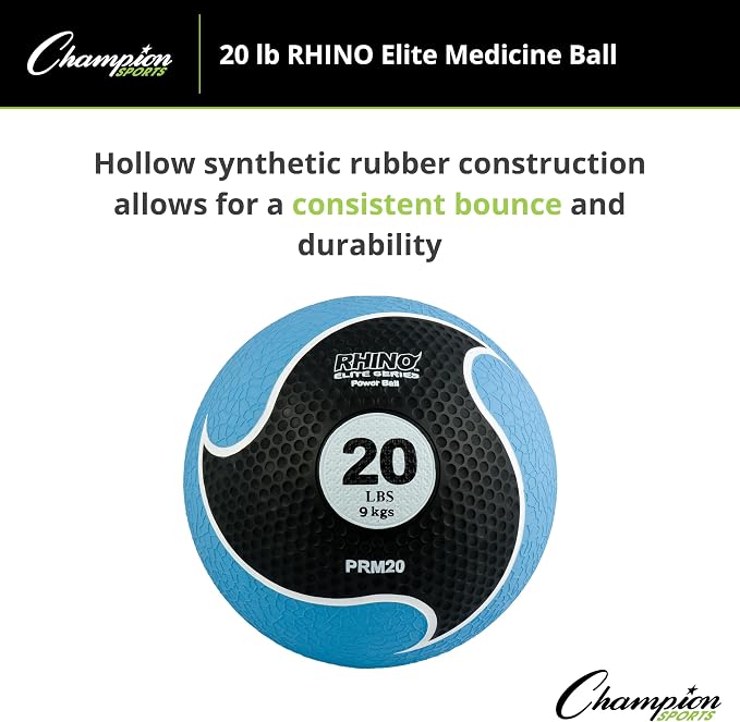 Champion Sports Rhino Elite Medicine Ball – Textured Surface, Superior Grip, Hollow Synthetic Rubber for Consistent Bounce & Durability, Multiple Weights & Colors - Optional Rebounder Sold Separately