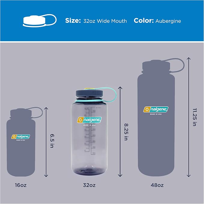 Nalgene 32 oz Wide Mouth Water Bottle, Aubergine | BPA-Free, Durable & Lightweight, Leak Proof, Dishwasher Safe, Large Reusable Plastic Bottle for Hiking, Gym, Work & Travel
