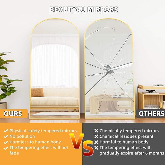 Beauty4U 79" x 39" Arched Full Length Mirror with Stand, Gold Floor Mirror | Large Standing, Leaning, or Wall-Mounted Tempered Full Body Mirror with Metal Frame for Bedroom, Closet, Modern Home Decor