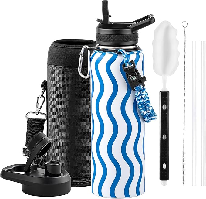 RAYMYLO Insulated Water Bottle 40 oz, Triple Wall Vacuum Stainless Steel | (Cold for 36Hrs, Hot for 18Hrs), Leak Proof & Non-BPA, Modern Water Flask Jug with Paracord Handle & Straw Spout Lids