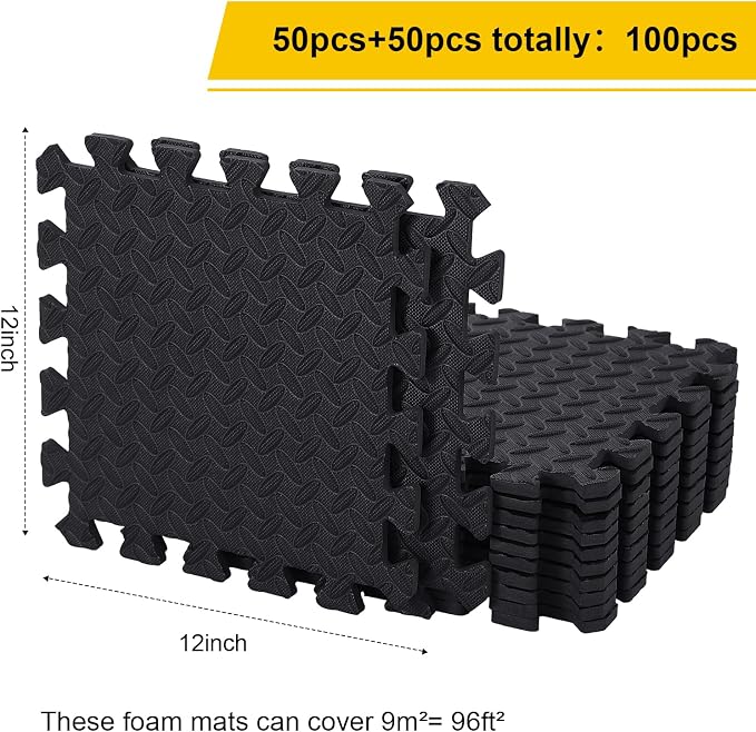 Ecally 100 Pcs 12 x 12 Gym Mat Foam Floor Mats for Home Gym Covers 96 Sq Ft Puzzle Exercise Square Interlocking Carpet Tiles with Border for Workouts Equipment Yoga Pilates (Black)
