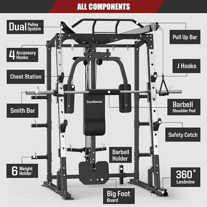 SunHome Smith Machine, 2000LBS Power Cage Squat Rack with Smith Bar, LAT Pull-Down Systems, Cable Crossover Machine for Home Gym
