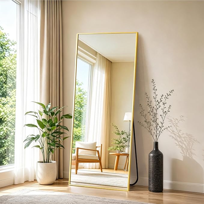 NEWBULIG 56"x21" Full Length Mirror, Full Body Standing Mirror, Gold | Leaning or Standing, Tempered Glass, Aluminum Alloy Thin Frame Floor Stand for Bedroom, Cloakroom