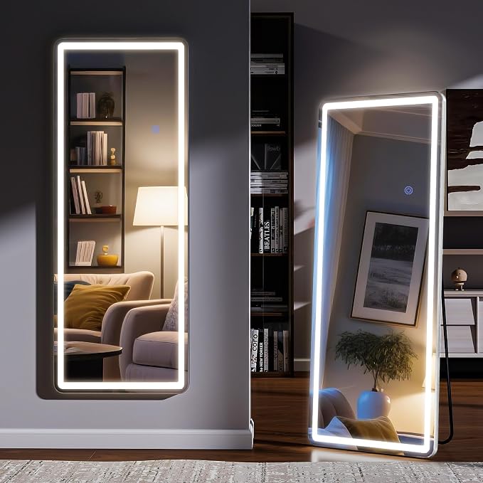 LED Floor Mirrors with Dimming &3 Color Lighting 20 x 63 Inch | LED Mirrors Full Length with Stand for Bedroom Dressing Room Checkroom Make-up Even Light OOTD Party Wedding Rect
