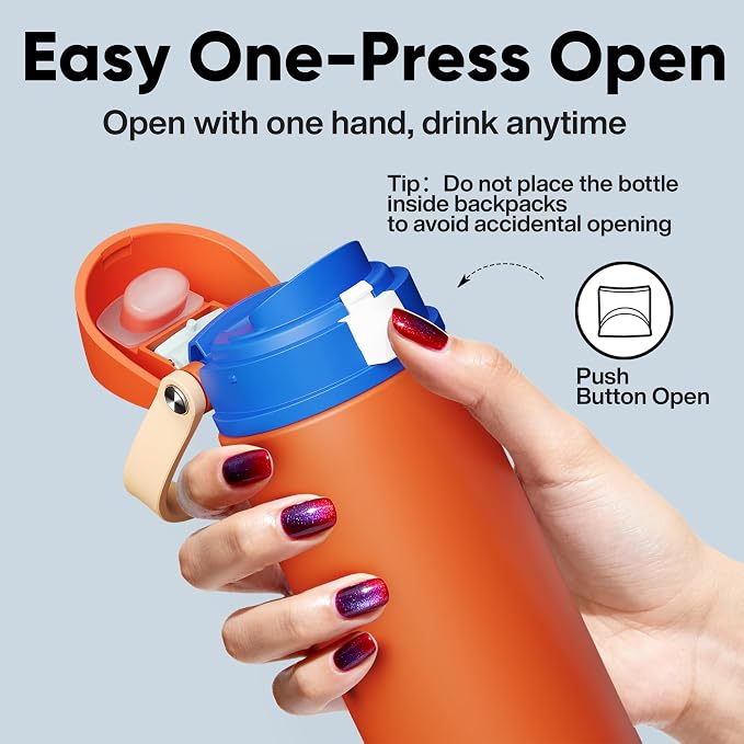Insulated Water Bottle with Straw - Encool Stainless Steel Water Bottle with Push Button Lid, Leak-Proof & BPA-Free, Keeps Cold for 24 Hours for Sports, Travel, Gym (24 oz, Salmon)