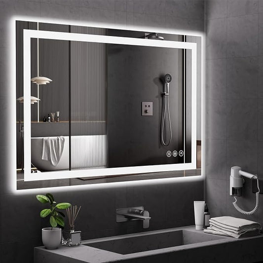 Koonmi 55x30 LED Bathroom Mirror with Light, Anti-Fog, 3 Colors | Backlit + Front Lit, Dimmable Brightness, Shatterproof HD Distortion-Free Tempered Glass, Hardware Included