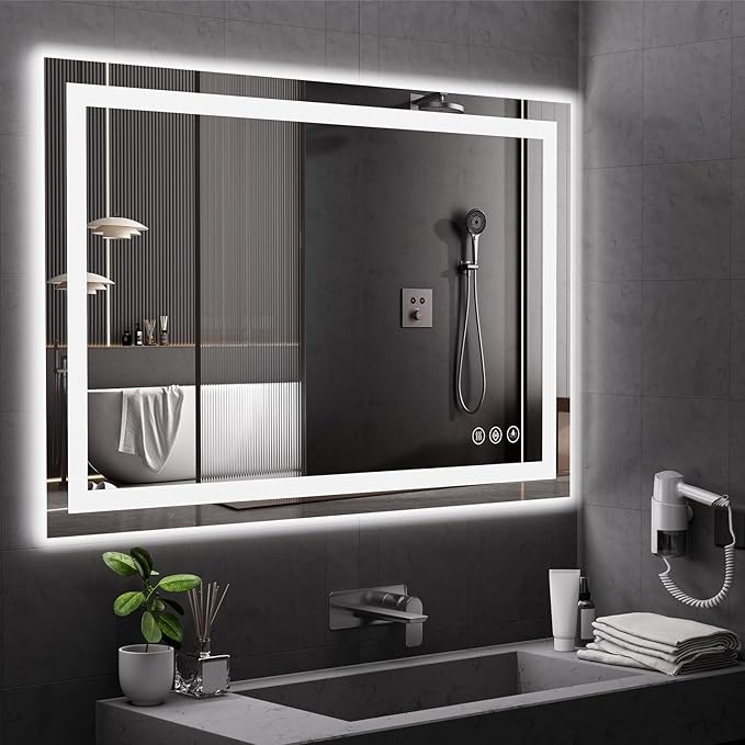 Koonmi 55x36 LED Bathroom Mirror with Light, Anti-Fog, 3 Colors | Backlit + Front Lit, Dimmable Brightness, Shatterproof HD Distortion-Free Tempered Glass, Hardware Included