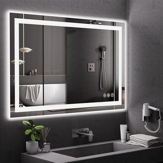 Koonmi 55x36 LED Bathroom Mirror with Light, Anti-Fog, 3 Colors | Backlit + Front Lit, Dimmable Brightness, Shatterproof HD Distortion-Free Tempered Glass, Hardware Included