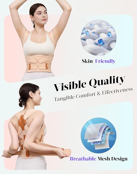 Posture Corrector for Women and Men, Full Back Support Brace, Adjustable Shoulder Straightener, Improving Posture, Relief Upper and Lower Back, Neck Pain, Beige, Small