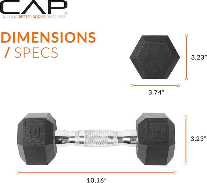 CAP Rubber Coated Dumbbell Weights, Free Weights for Home Gym Strength Training, Anti-Roll Hex Dumbbells with Black, Chrome & Comfort Grip Handles, Pairs & Sets