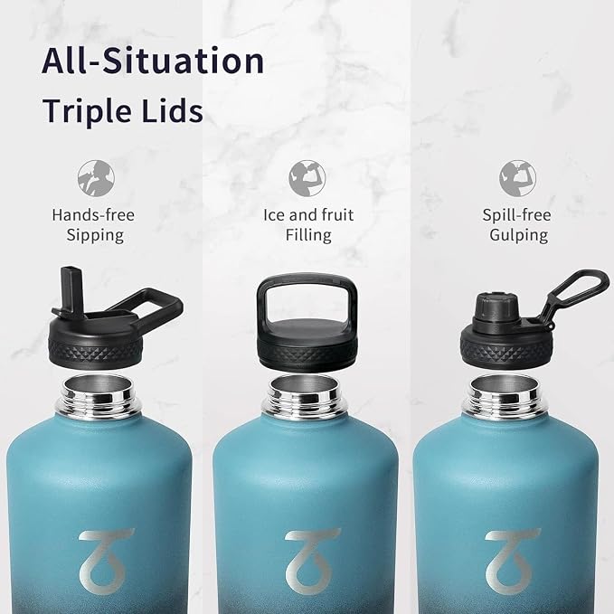 Trebo One Gallon Water Bottle Insulated with 3 Lids, Paracord Handle & Bag | 128 oz Large Stainless Steel Water Jug, Triple Wall Vacuum Copper Plated, Dishwasher Safe, Keeps Cold 48 Hrs for Hiking, Gym