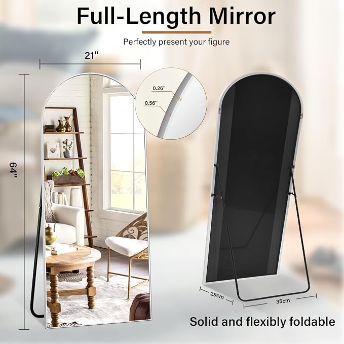 Arched Full Length Mirror 64"x21" Leaning Hanging Decor Silver | Standing Body Mirror with Aluminum Frame for Bedroom Cloakroom Living Room Make-up Gift