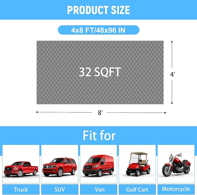 4x8 FT Garage Floor Mat, 2.8mm Thickened Diamond Plate | PVC Flooring Roll for Under Car/Golf Cart/Motorcycle, Garage Mat for Warehouse/Basement/Gyms/Trailer, Tapes Included, Gray