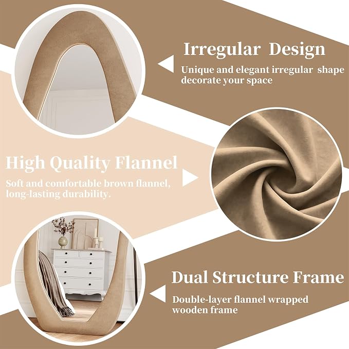 Full Length Mirror, 71"x30" Wavy Full Body Mirror Flannel | Flannel Floor Mirrors with Stand, Irregular Wavy Mirror Hanging or Leaning Against Wall for Bedroom Living Room, Brown