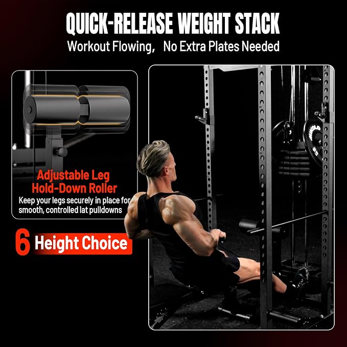 Mikolo F4-2.0 Elite Power Cage with Weight Stack & Dual-Track Smooth Pulley System for Home Gym, 1200LBS Squat Rack with Leg Hold-Down for Heavy LAT Pulldowns (Black with Bench＆Bar＆230LB CP)