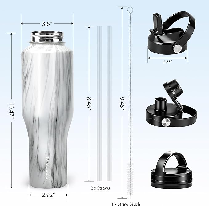 HYDROWION Water Bottle Stainless Steel,Vacuum Insulated Leak Proof Tumbler 32oz with Straw Lid, Spout Lid and Flex Cap(Cold for 48 Hrs, Hot for 24 Hrs), Fit in Any Car Cup Holder, Marbling