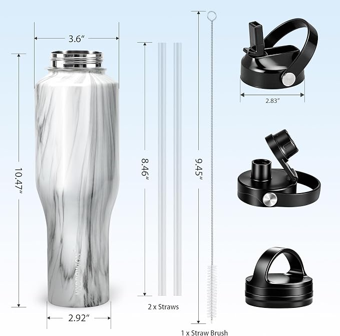 HYDROWION 40 oz Insulated Water Bottle with Straw fit in Car Cup Holder(Cold 48 hrs, Hot 24 hrs) Drinking Bottle with Straw Lid, Spout Lid and Flex Cap Leakproof Travel Thermo Mug，Marbling