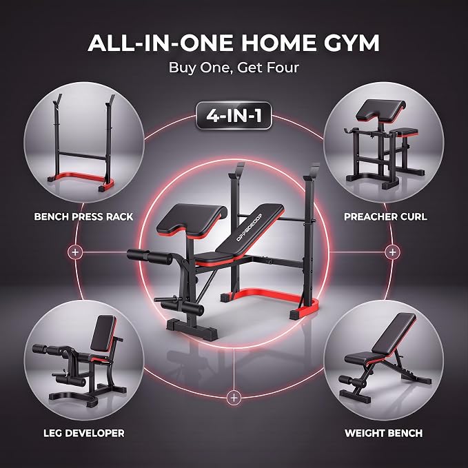 OPPSDECOR Foldable Weight Bench Set with Squat Rack and Preacher Curl Pad | Preacher Curl Bench, Leg Extension and Curl, 660lb Capacit Incline Decline Flat, Foldable Home Gym, For Women Teens Beginners