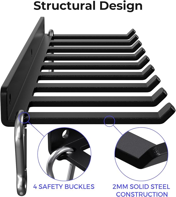 Home Gym Accessories Storage Wall Rack with Sturdy Hooks, Carabiner Clips | Heavy Duty Home Gym Equipment Storage Rack Wall Mount for Resistance Bands, Cable Attachments,Lifting Belts,Jump Ropes,Chains