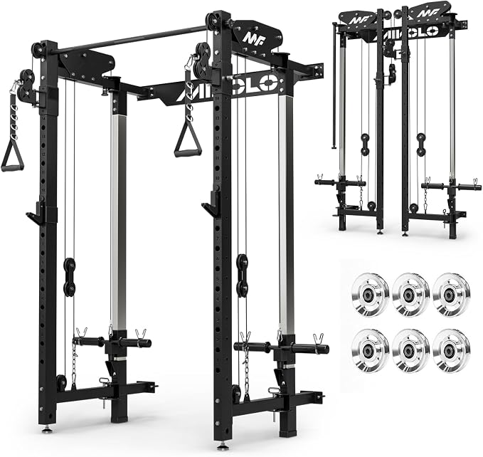 Mikolo Folding Squat Rack, Wall Mounted Power Rack with Cable Crossover Machine & LAT Pull Down, Functional Trainer with 5 Adjustable Function Modes, Home Gym Package