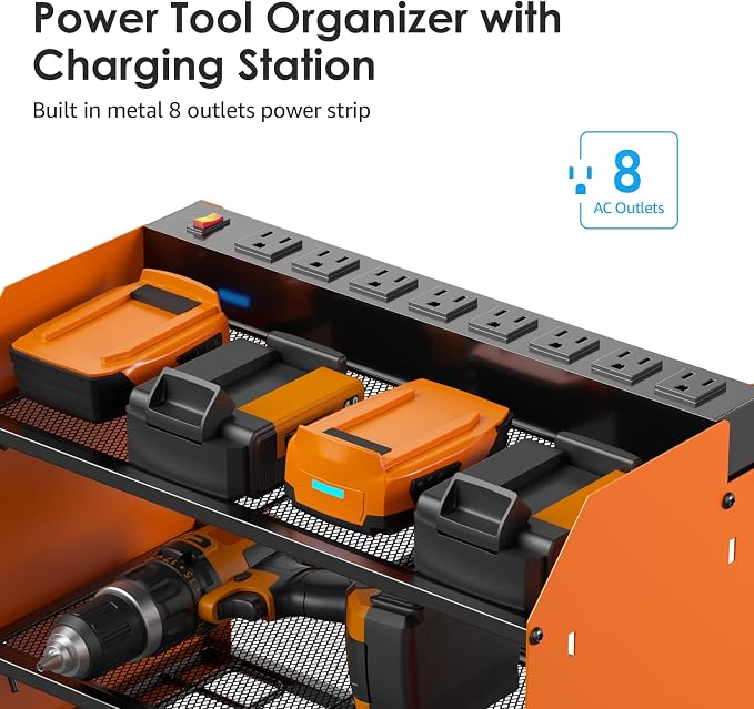 CCCEI Wall Mount Modular Tool Charging Organizer, Orange, 1 Pack, 3 Tier. | Drill Battery Storage Rack with Hooks, Garage Workshop, Gifts for Men, Dad, Husband Anniversary, Birthday, Christmas