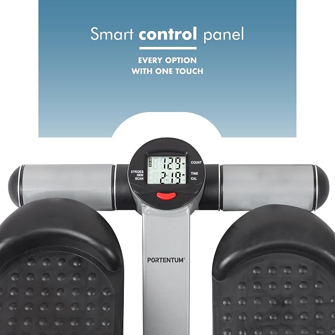 PORTENTUM Mini Steppers for Exercise Workout with Resistance Bands and LCD Display 5 Functions — Stepper 3-in-1 for Legs, Glutes and arms — Adjustable Intensity — Easy to Store Home Workout Equipment