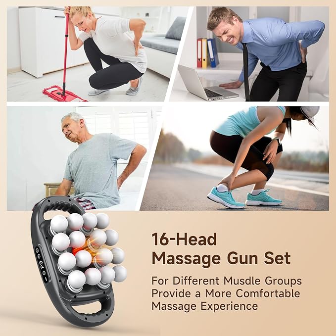 Back Massager Pain Relief,16 Head Massage Gun Deep Tissue,Percussion Massager with 9 Modes & 9 Intensities,Noise-Free,for Shoulders,Legs,Foot,Neck Massager,Massage Tool
