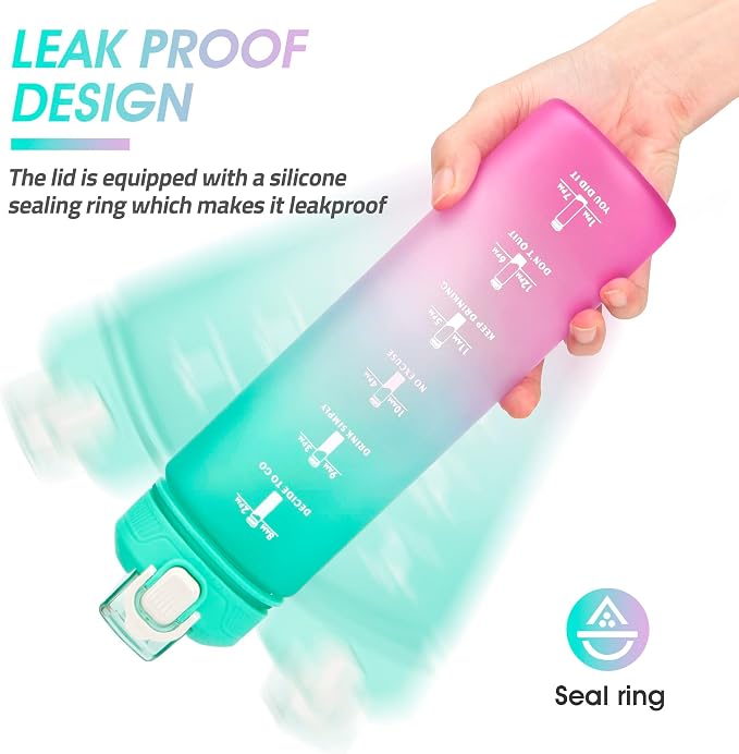 YC Kitchen 32oz Motivational Water Bottle with Straw & Carrying Strap | Leak-proof BPA Free Sports Water Bottles with Time Marker, with Times to Drink,Fitness, Gym, and Outdoor Sports